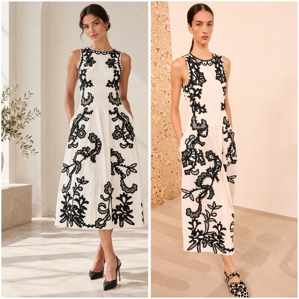 Ulla Johnson Sonali Ivory Black Appliqué Cotton Midi Dress Size 4
